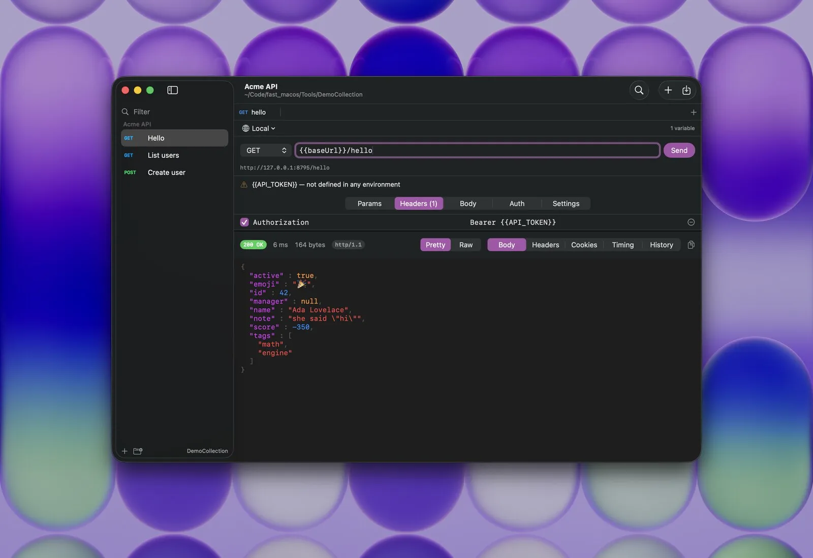 Product shot: Nib with a DemoCollection sidebar, GET /hello, JSON response with emoji and escaped strings.