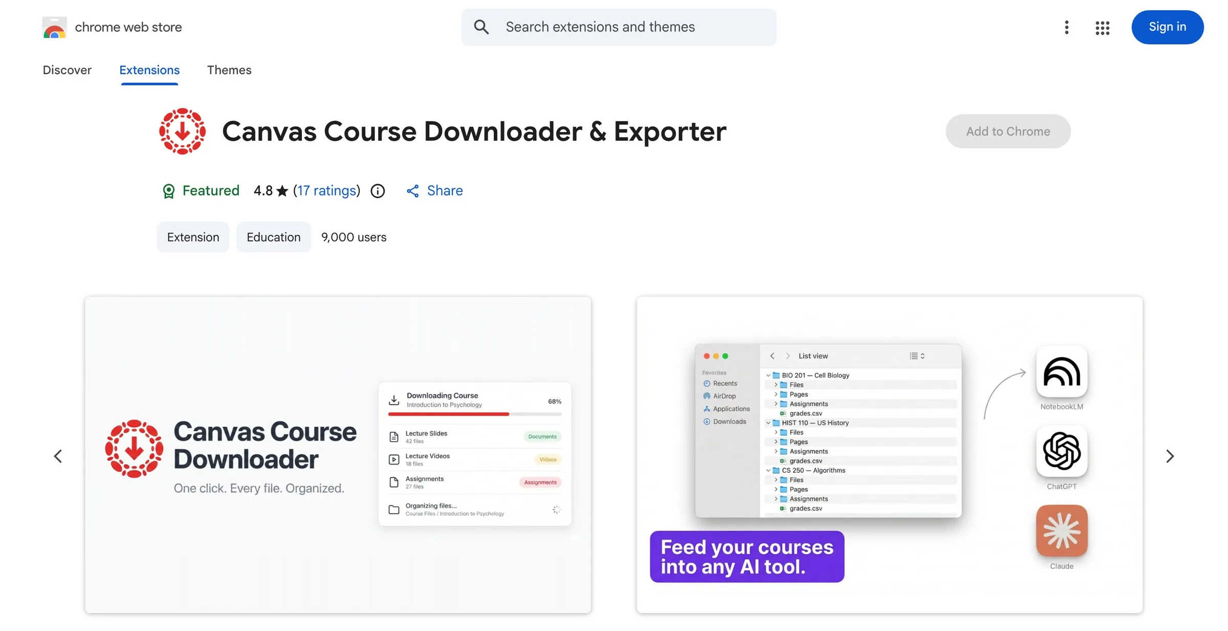 Chrome Web Store listing header: Featured badge, 4.8 stars (17 ratings), 9,000 users, plus two promo tiles.