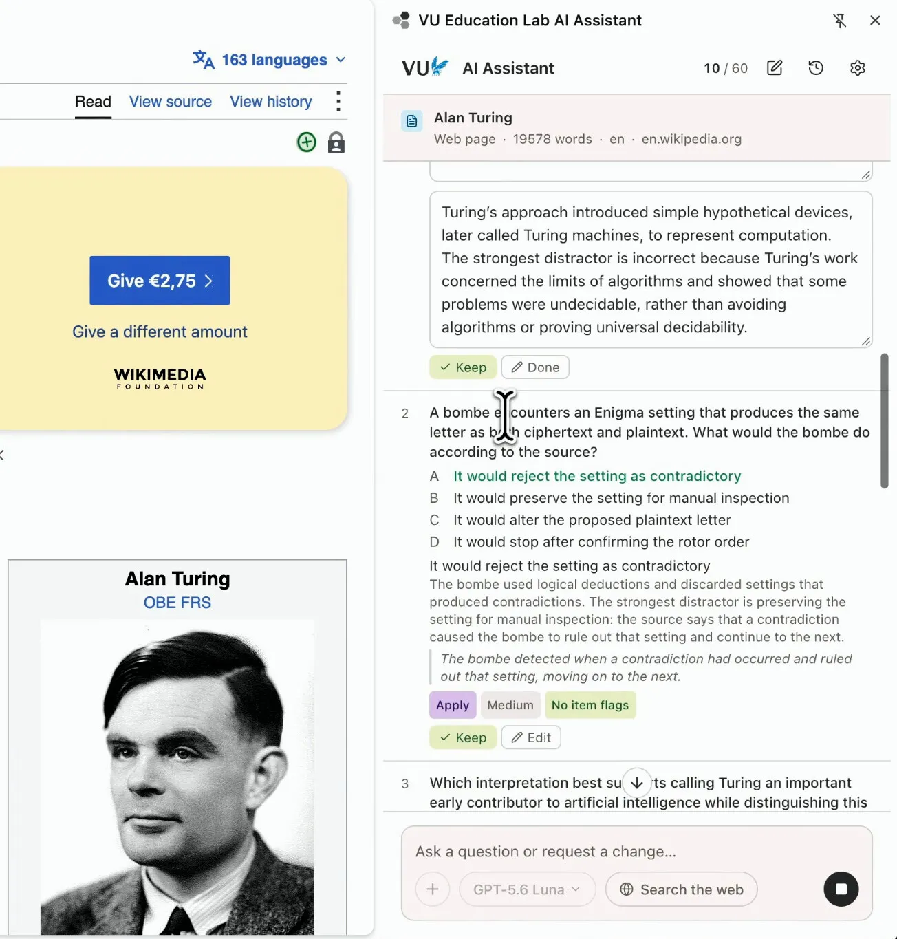 Portrait crop of the side panel: generated quiz bank on Alan Turing with answer key, rationale, Bloom level and item-quality chips.