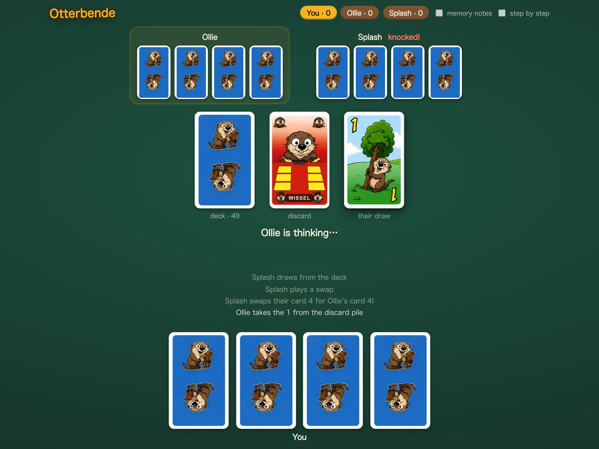 Opponent turn: "Ollie is thinking", WISSEL power card on discard, their draw, move log.