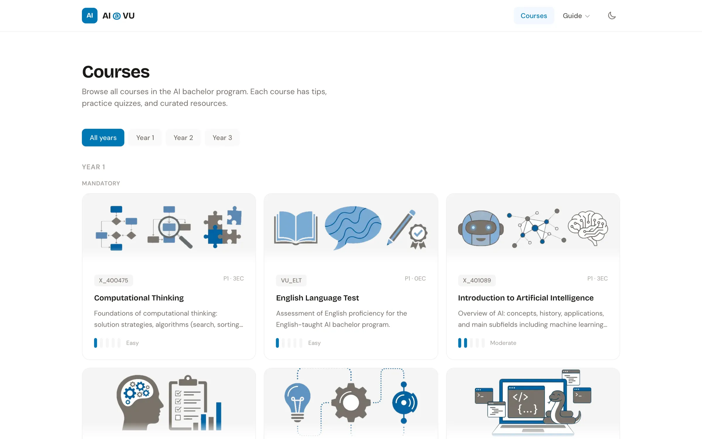 Courses index: year filter tabs and illustrated course cards with codes and difficulty meters.
