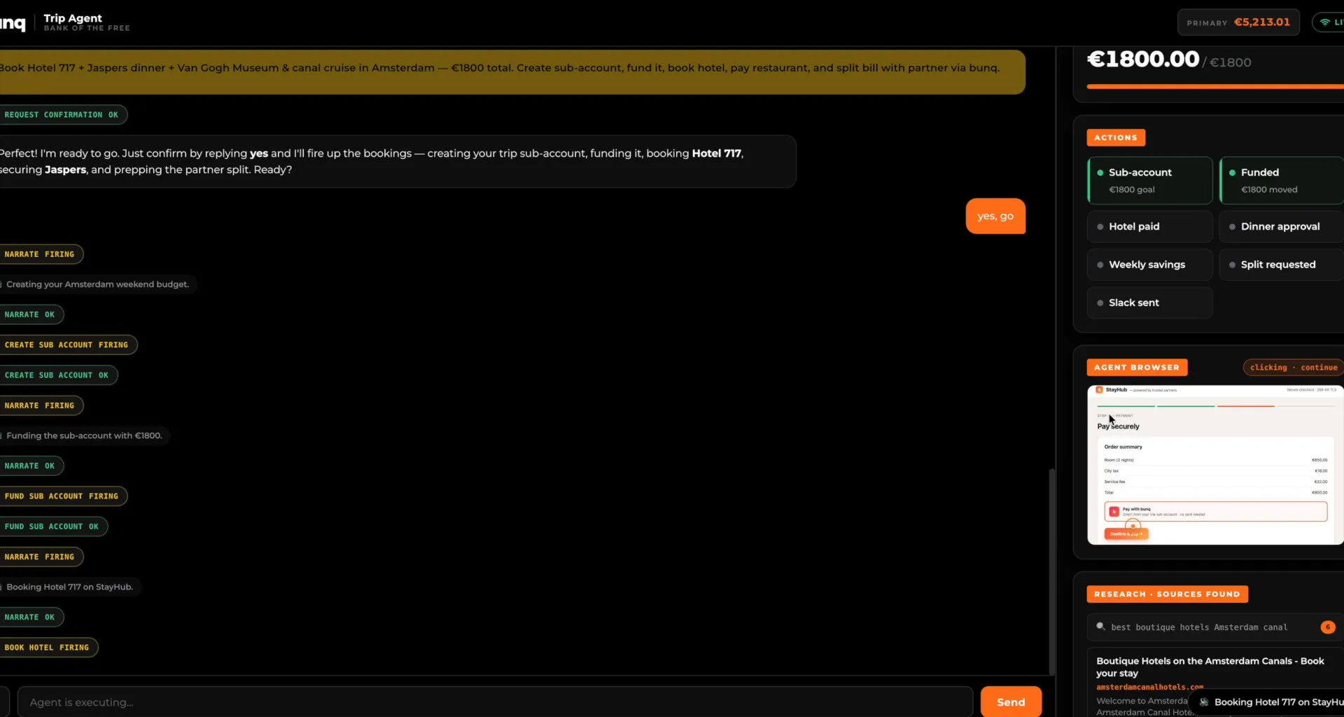 Execute phase: tool-call chips firing, budget meter at 1800, action cards, and the live Playwright agent browser paying on a hotel checkout page.