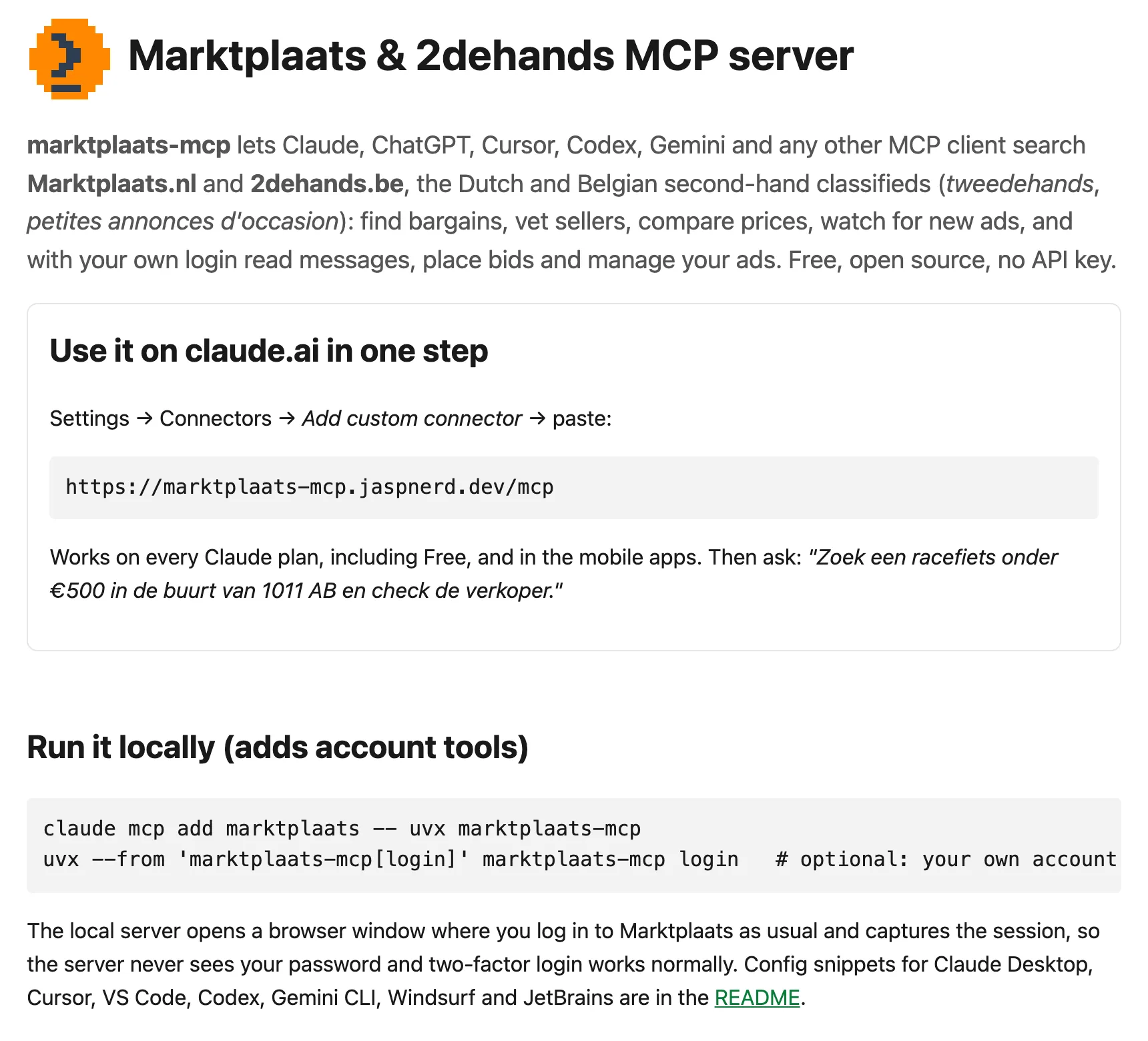 Landing page (marktplaats-mcp.jaspnerd.dev): pixel logo, intro, "Use it on claude.ai in one step" connector URL, local install commands.