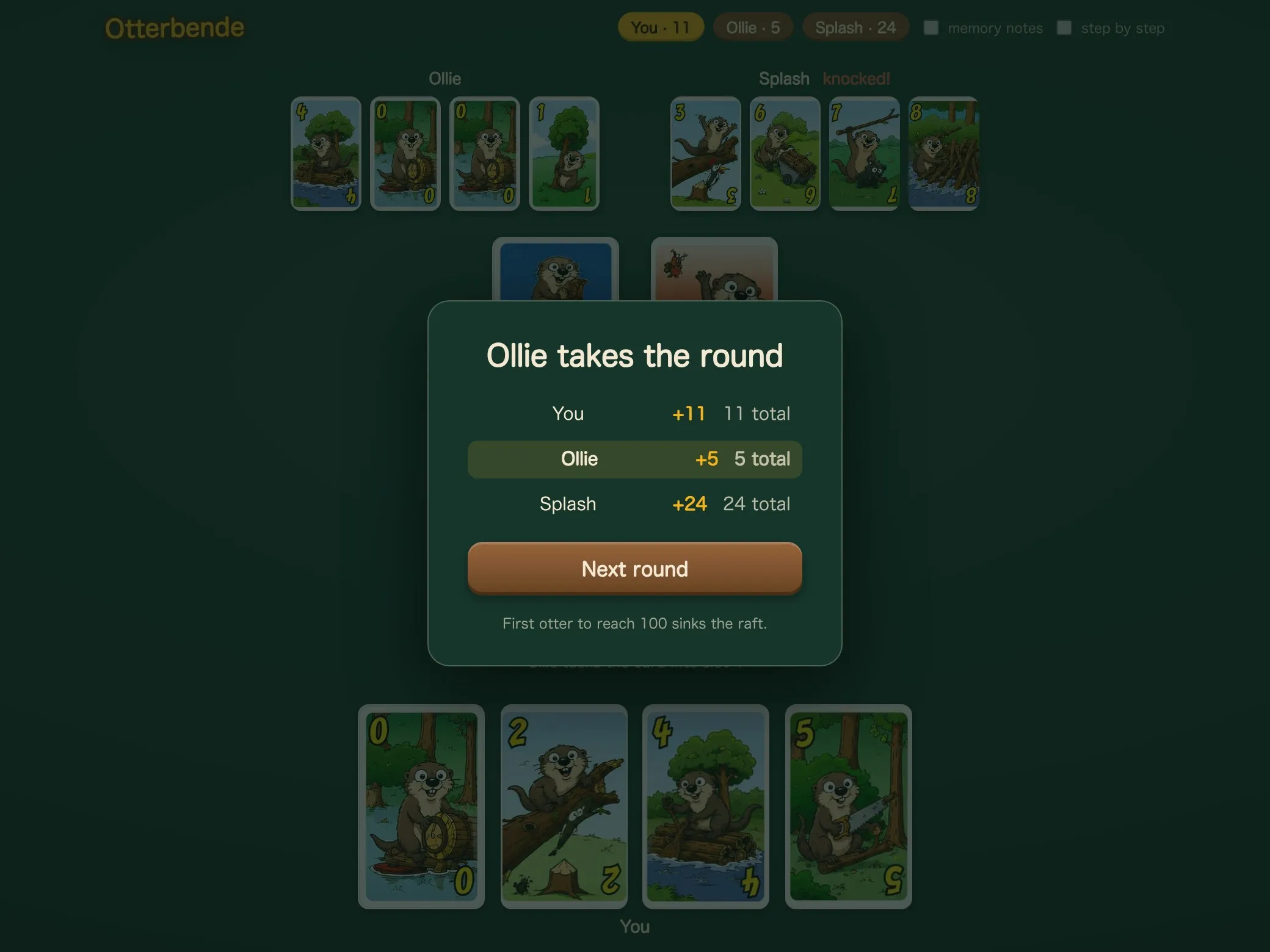Round result modal "Ollie takes the round" with scores; all cards revealed face-up with otter art behind.