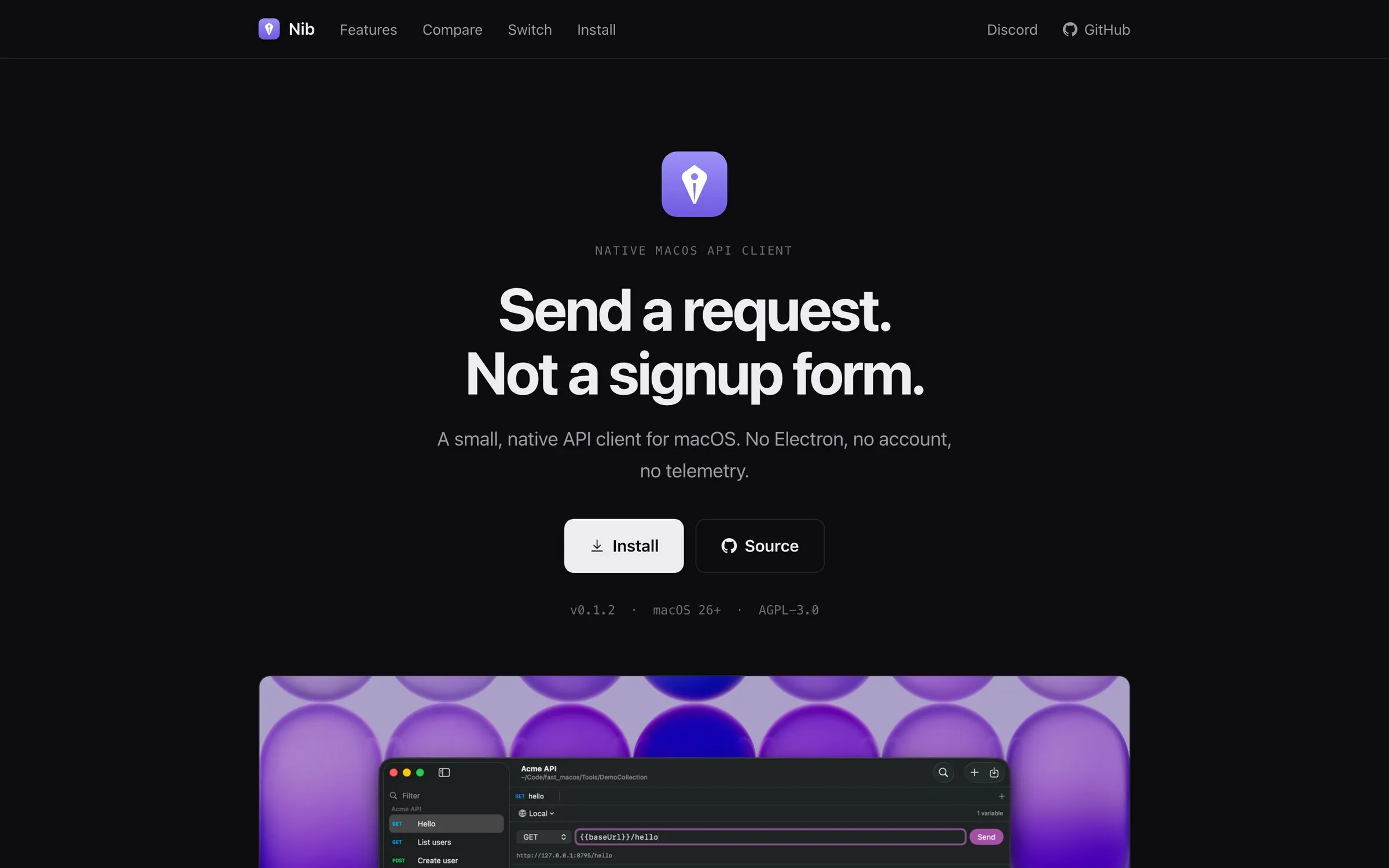 Website nib.jaspnerd.dev hero: "Send a request. Not a signup form." with install/source buttons.