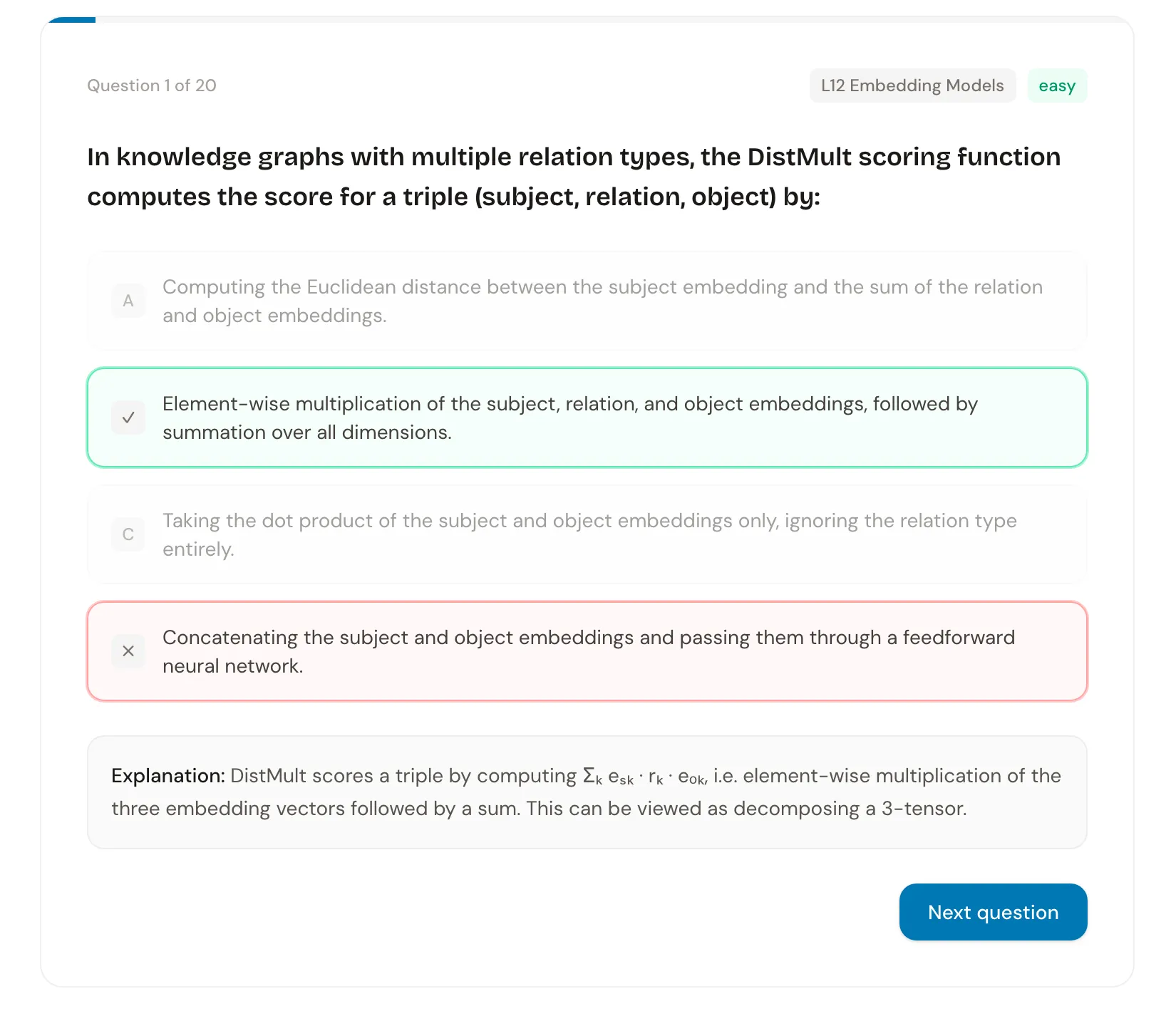 Answered practice quiz (Machine Learning, 302 questions): correct option green, wrong option red, KaTeX explanation. Captured live today.