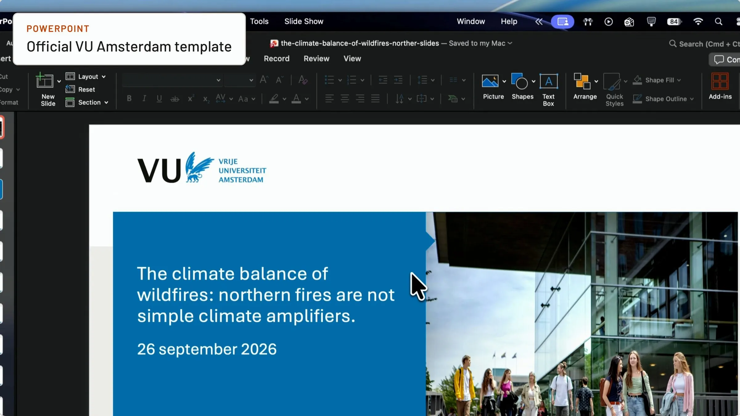 PowerPoint export using the official VU Amsterdam template (title slide), with the demo video's "POWERPOINT" label top-left.