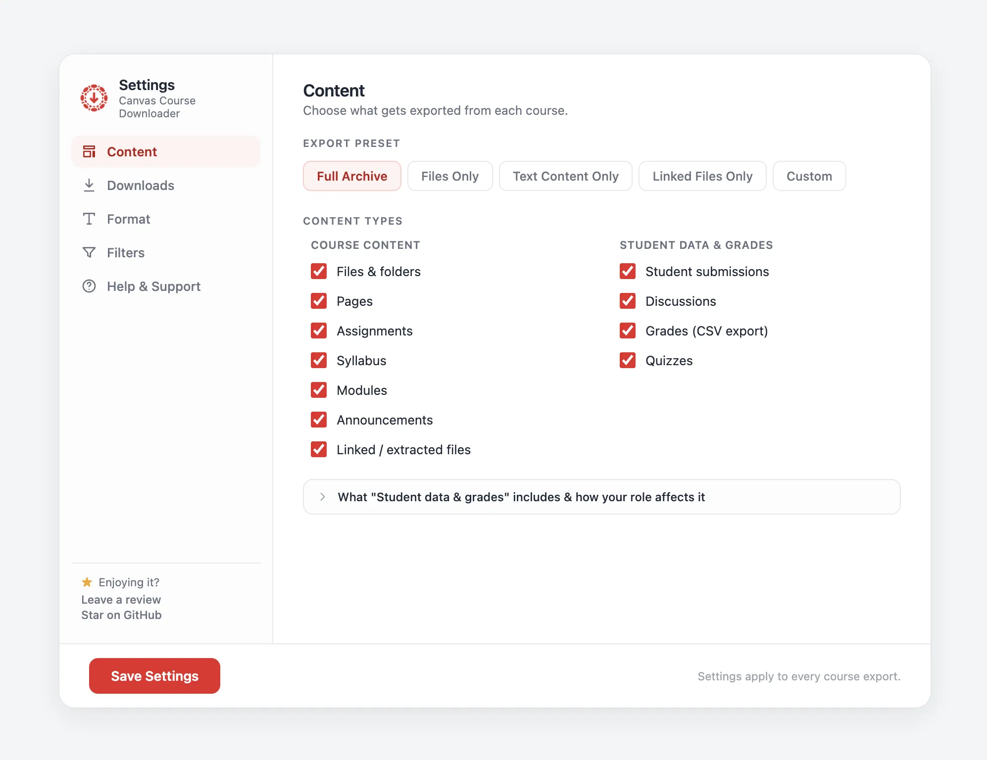 Settings page: export presets (Full Archive, Files Only...) and content-type checkboxes incl. submissions, grades, quizzes.