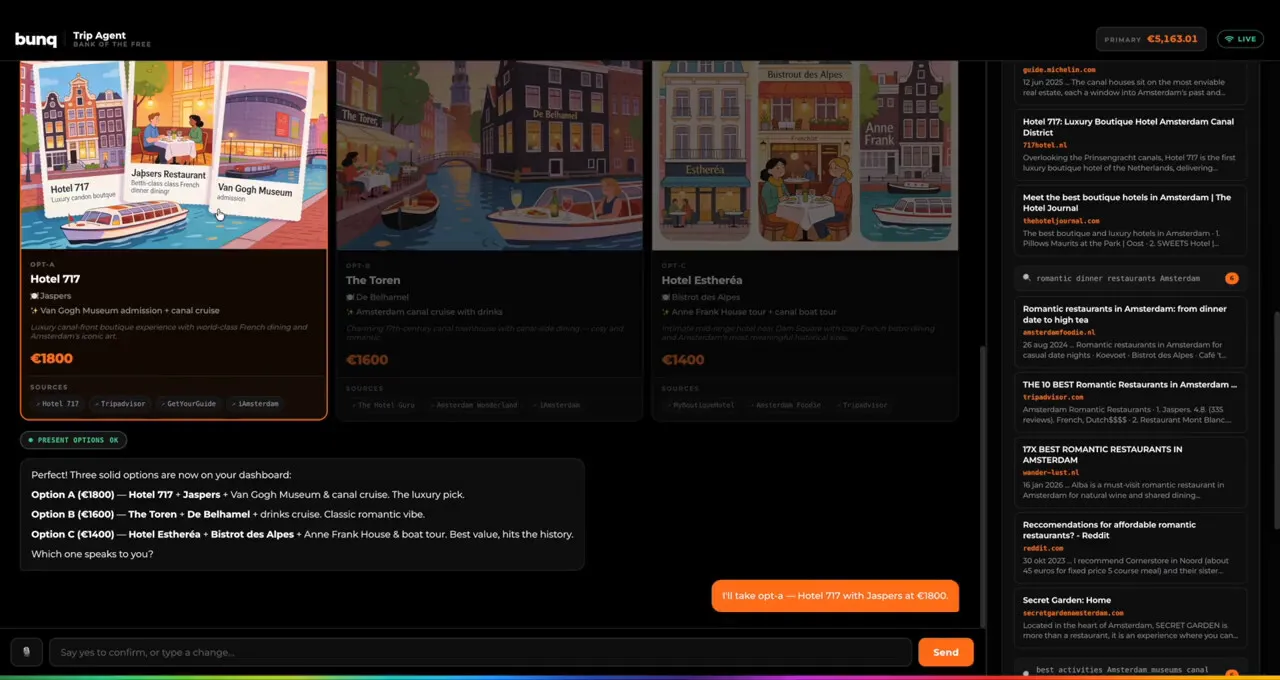 All three package illustrations rendered, option A selected, user reply "I'll take opt-a". 1280px frame.