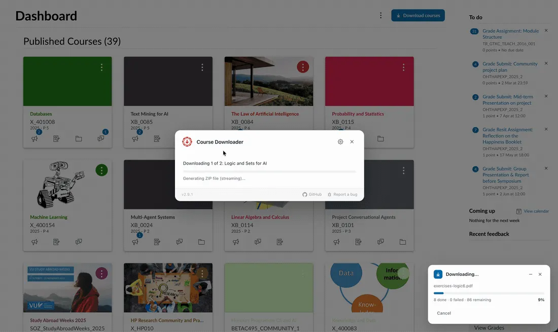 Frame from workflow demo: Canvas dashboard with "Downloading 1 of 2: Logic and Sets for AI" and a download progress toast.