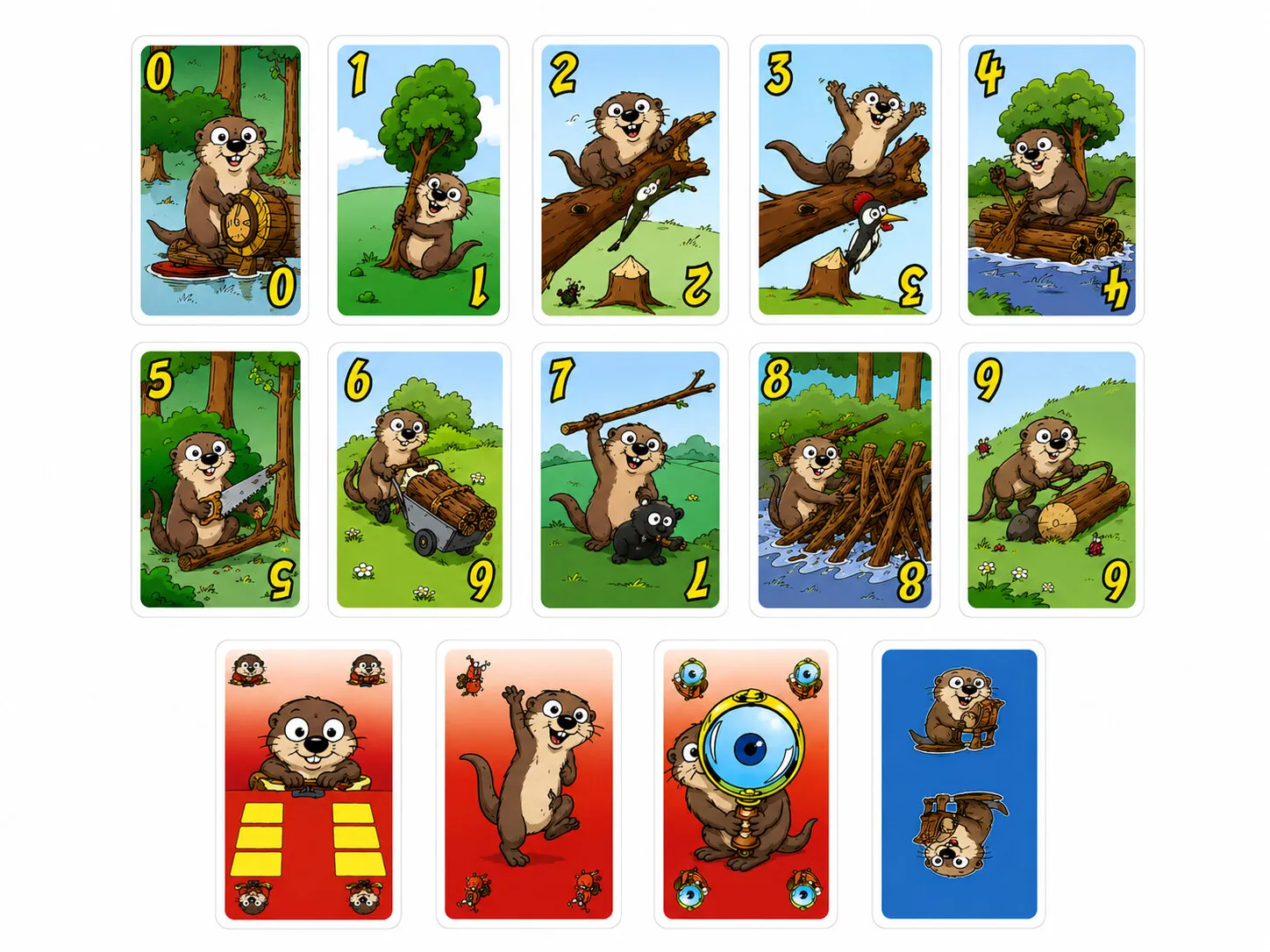 The custom otter card deck artwork (0-9 plus power cards and card back) on white.
