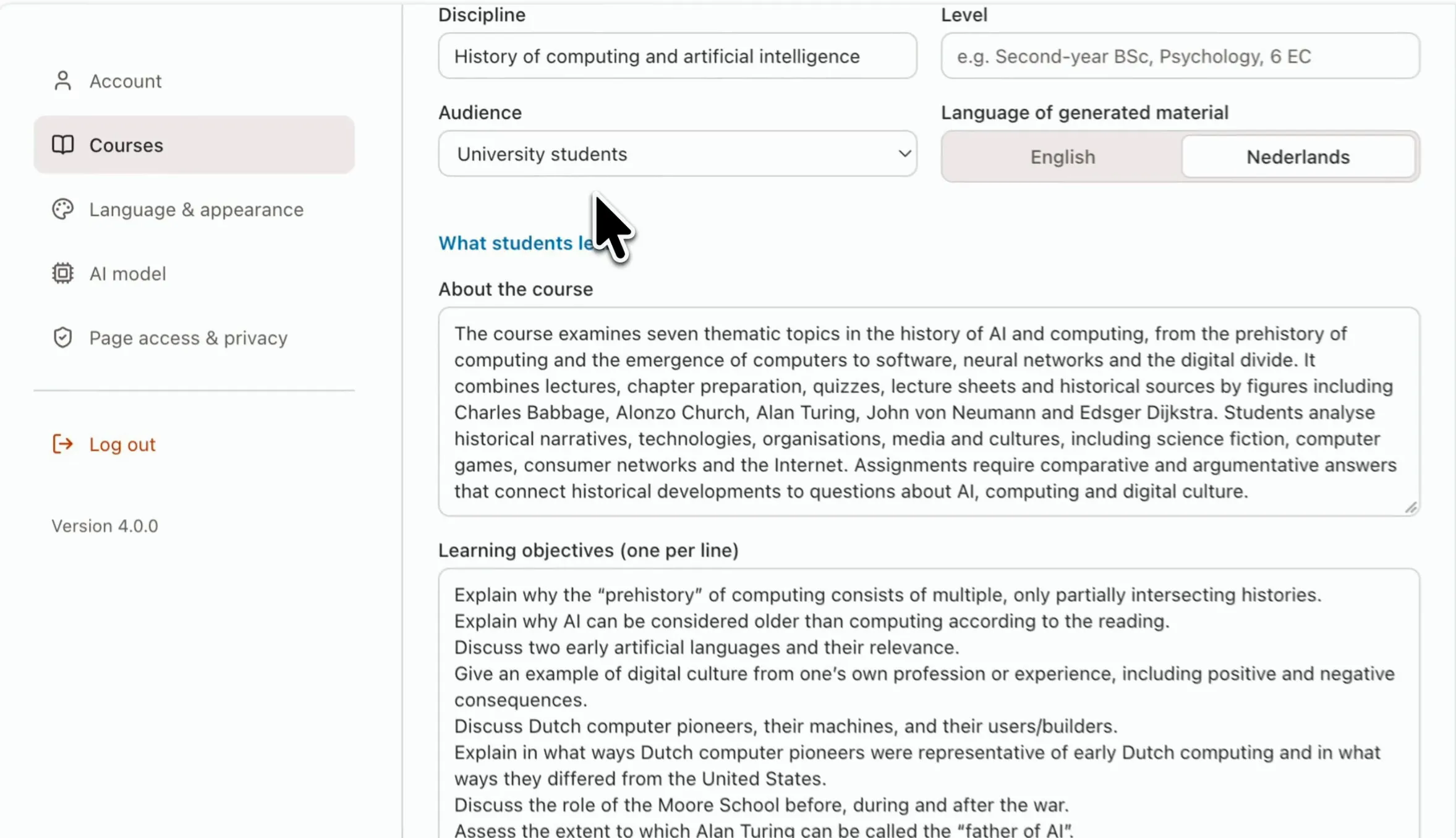 Settings > Courses: course profile form (discipline, audience, about the course, learning objectives), version 4.0.0.